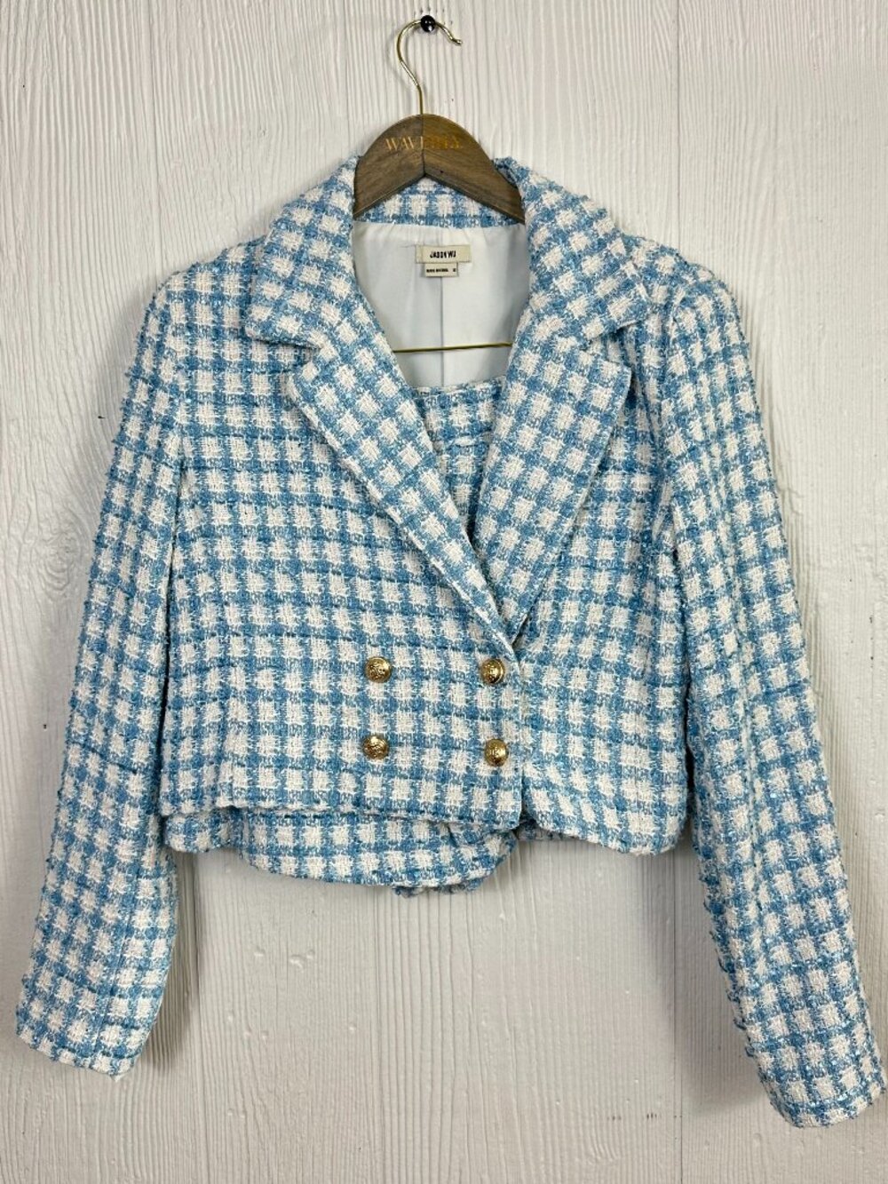 Jason Wu Tweed Skirt Set Blue Plaid Jacket & Mini Skirt Designer Luxe Size 10